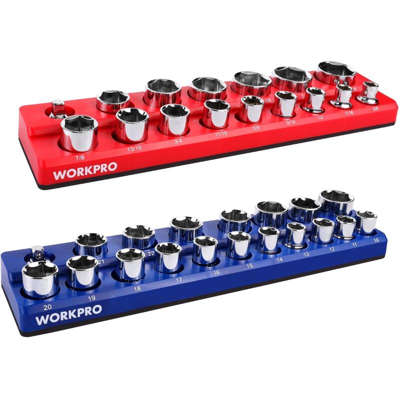 Workpro 38 Inch Magnetic Socket Organizer Set 2 Piece Sae And Metric Socket Holders Holds 56 2009