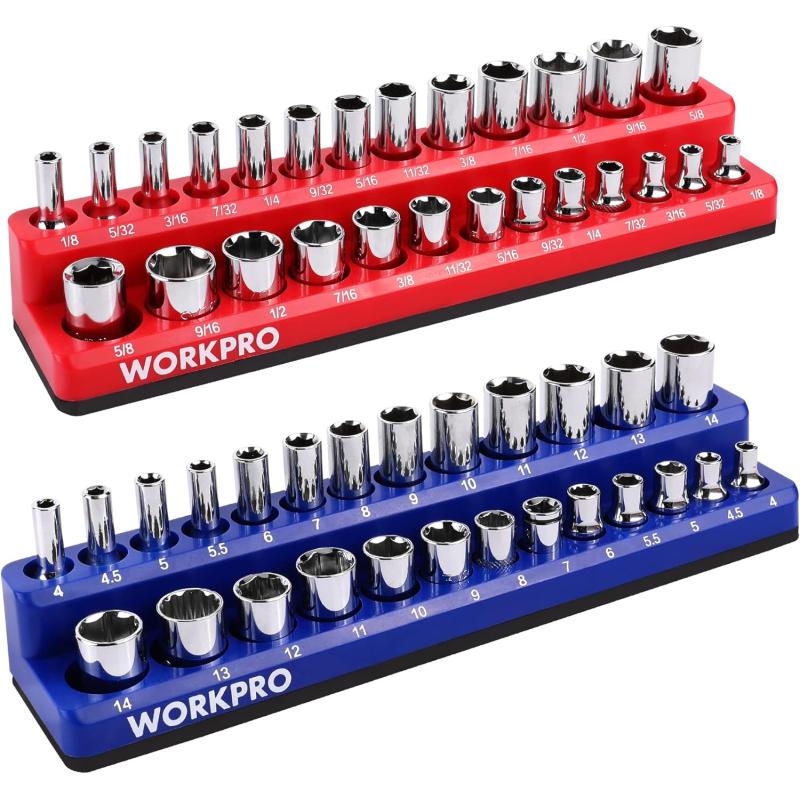 Workpro 3 8-inch Magnetic Socket Organizer Set, 2-piece Sae & Metric 