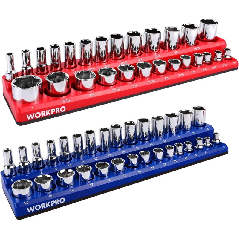 WORKPRO 3/8-inch Magnetic Socket Organizer Set, 2-Piece SAE & Metric ...