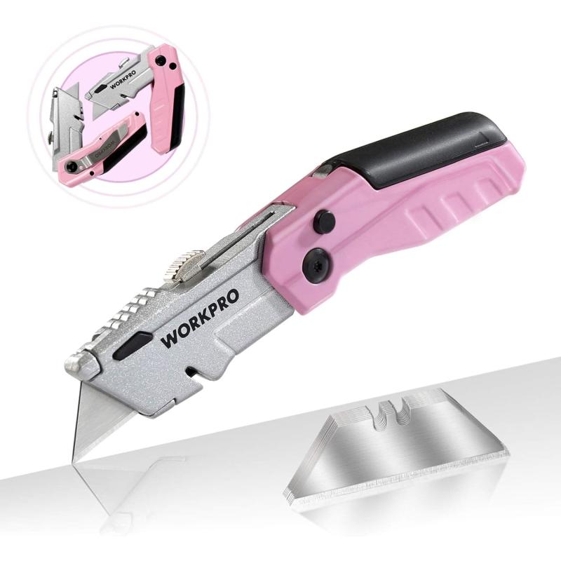 Workpro Folding Utility Knife, Quick-change Pink Box Cutter With Blade 